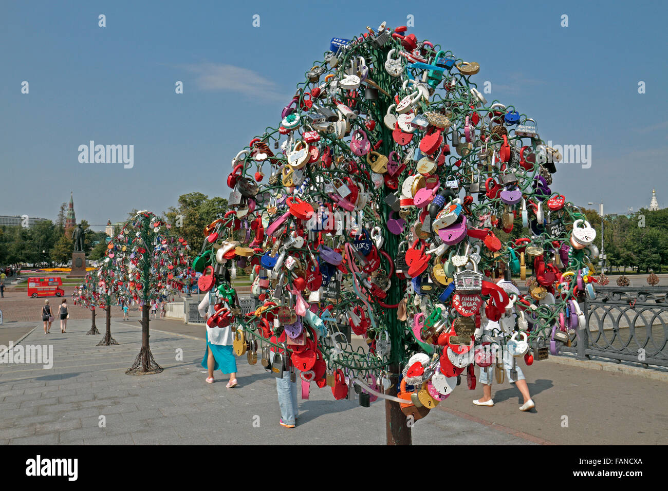 'Happiness trees' full of padlocks on Luzhkov Bridge, Moscow, Russia. Stock Photo