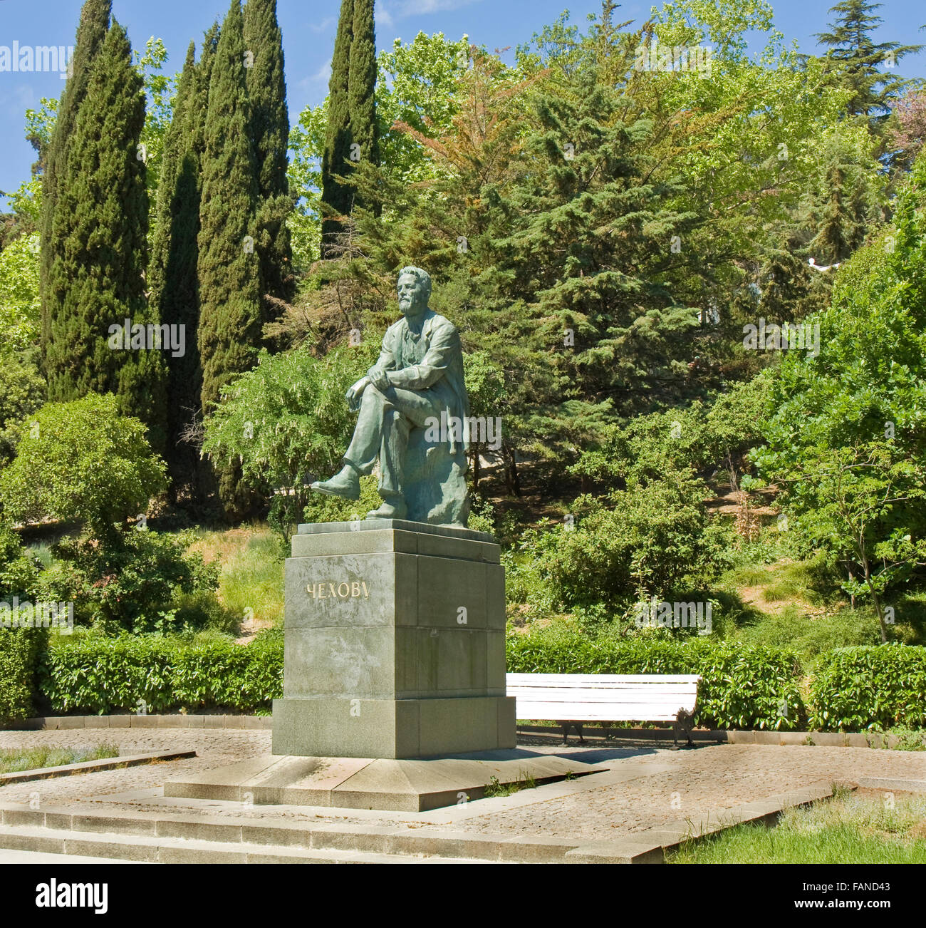 YALTA, UKRAINE - MAY 18: monument to writer Chekhov, May 18, 2012, in town Yalta, Ukraine, has been errected in 1953. Stock Photo