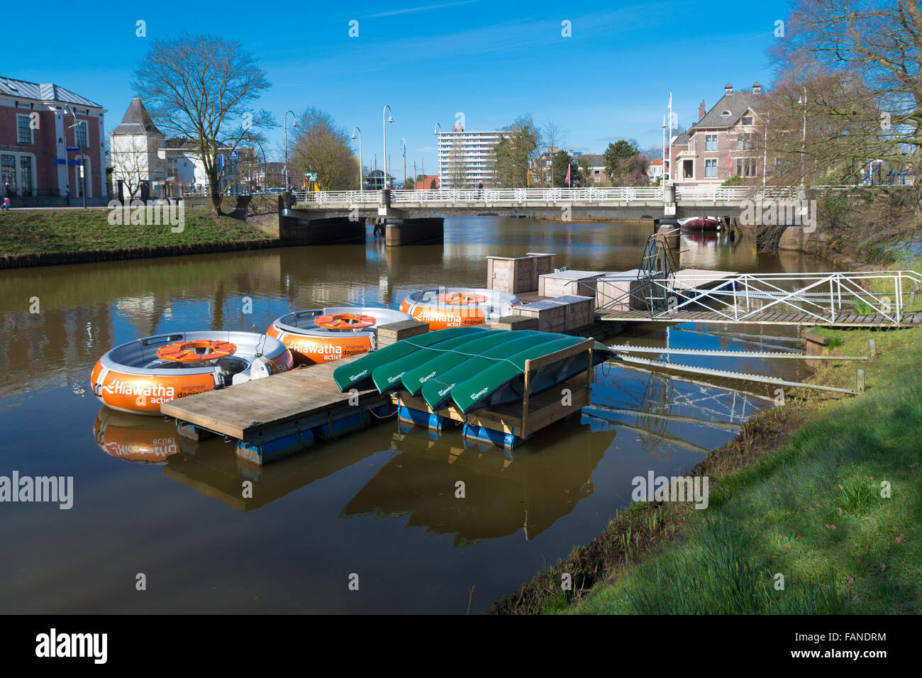 ZWOLLE, NETHERLANDS - MARCH 22, 2015: Recreational boats in a canal of the hanseatic city of zwolle, netherlands Stock Photo