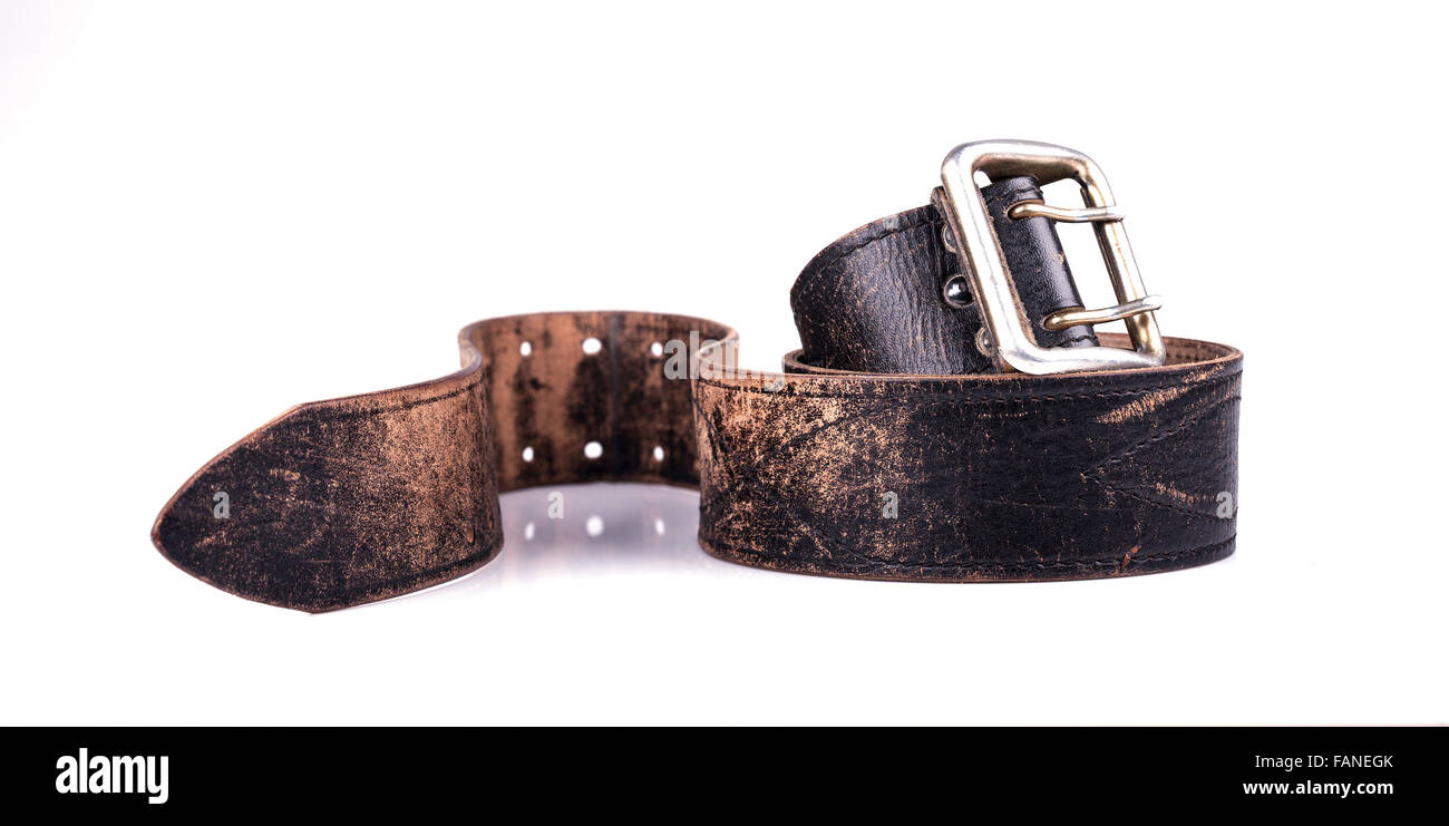 Rugged Brown Leather Jean Belt with Isolated on White Stock Photo