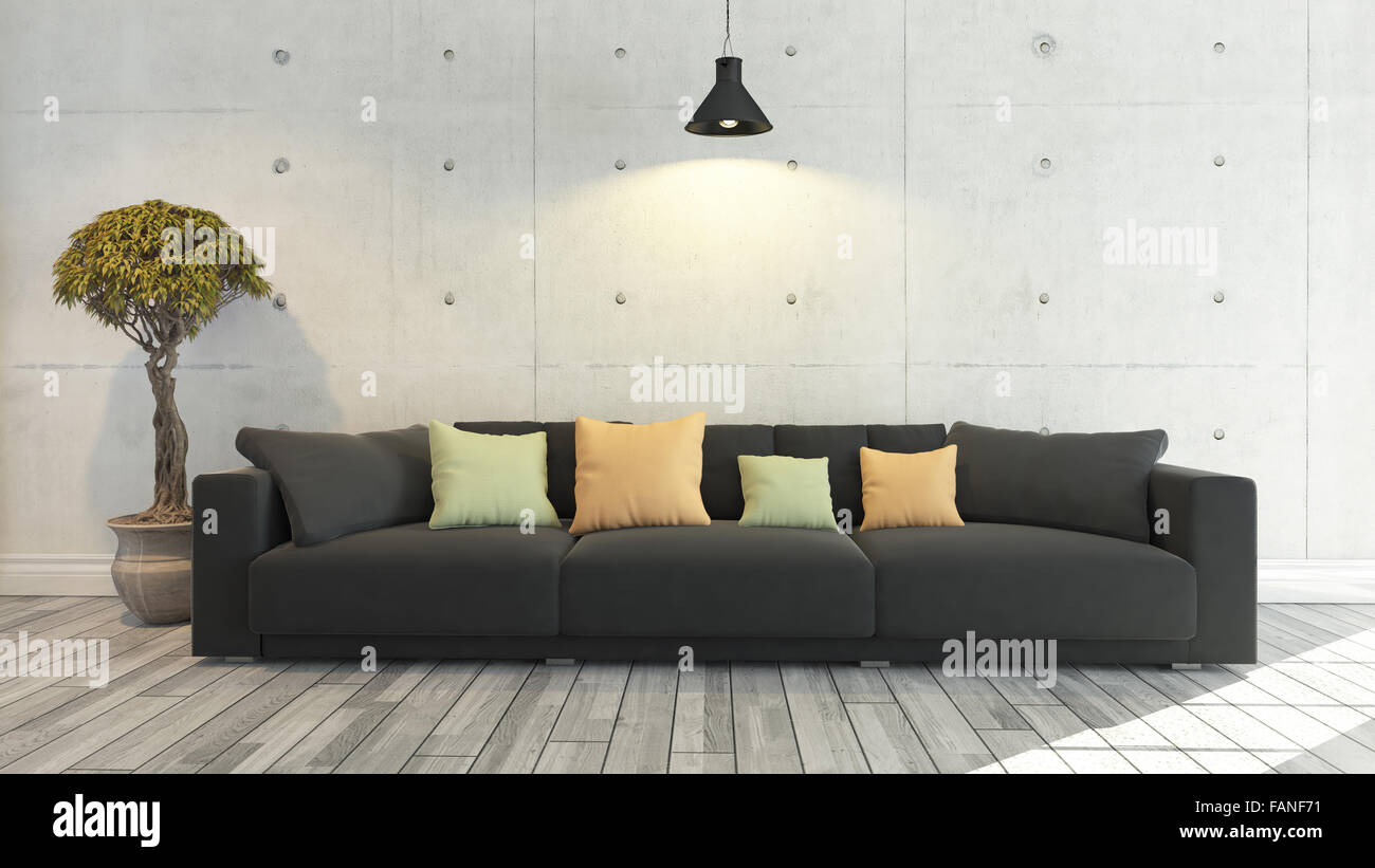 Black Cloth Sofa With Concrete Wall And Wooden Parquet Decor Like