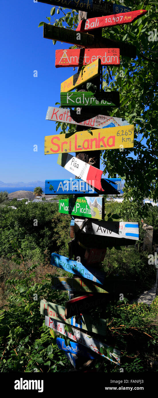 Cafe signs, Zia village, Kos Island, Dodecanese group of islands, South Aegean Sea, Greece. Stock Photo
