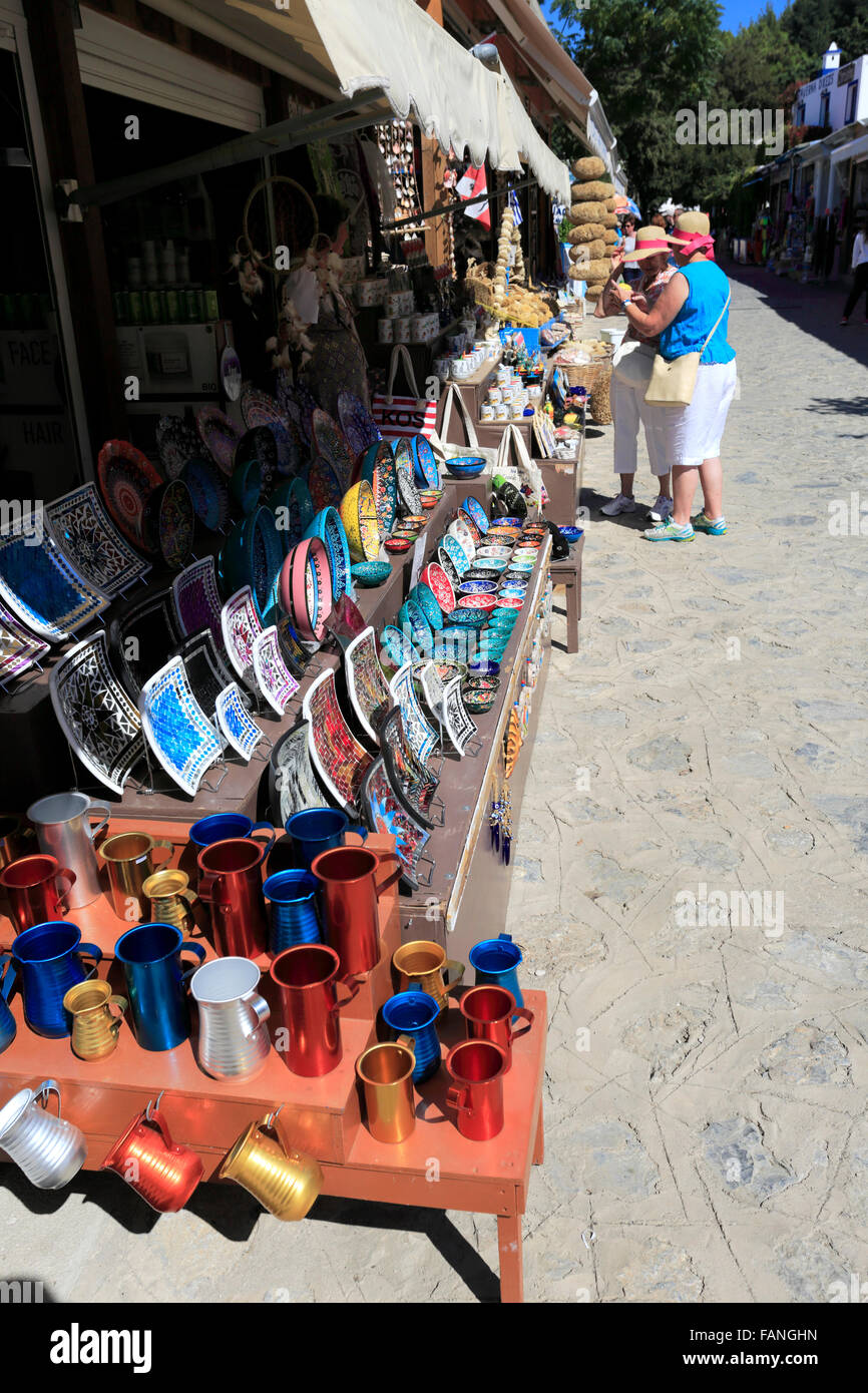 Tourist gifts in shops, Zia village, Kos Island, Dodecanese group of islands, South Aegean Sea, Greece. Stock Photo