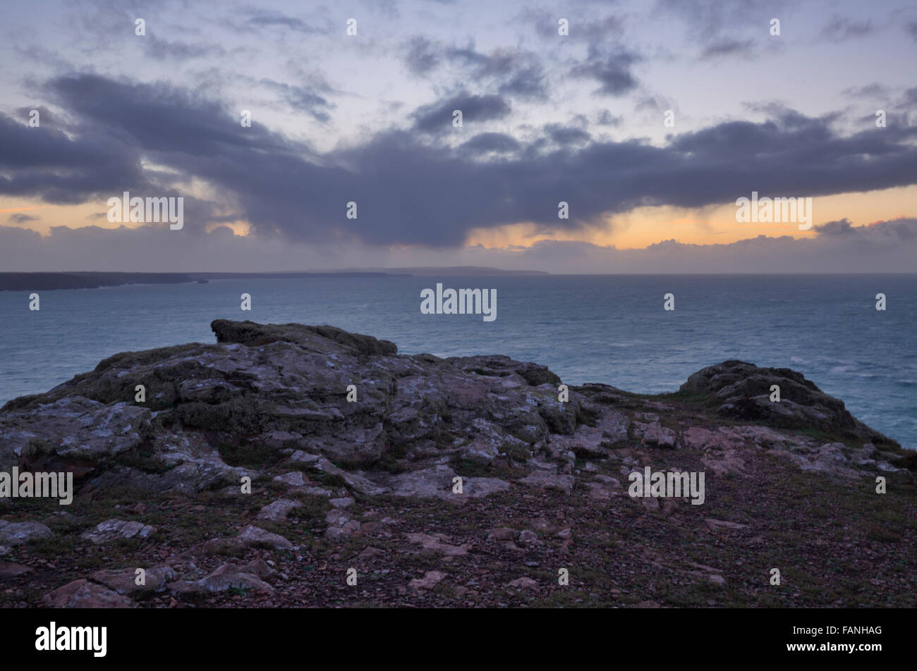 Clifftops at St Agnes head looking towards st ives at sunset Stock Photo