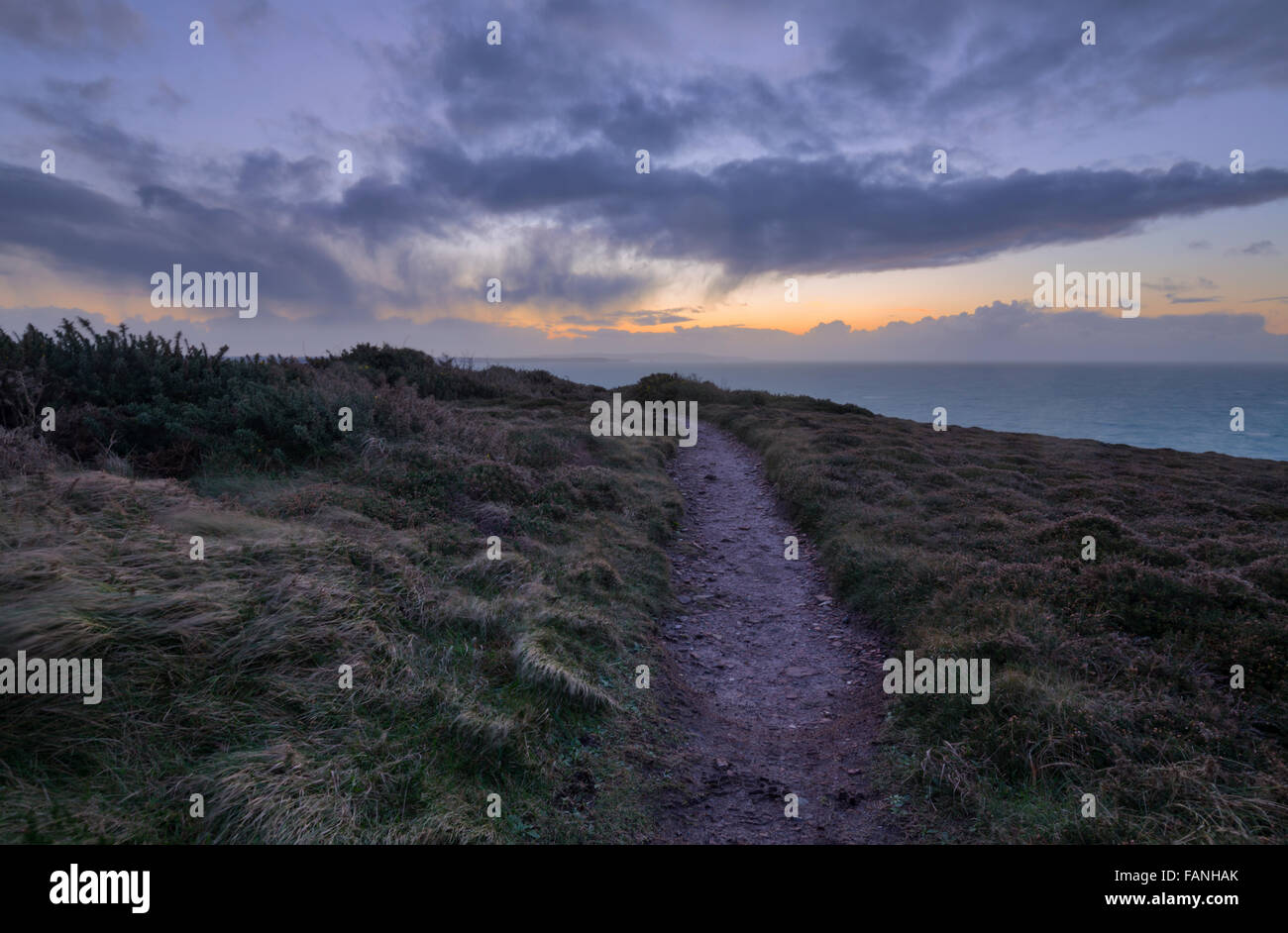 Dusk at st agnes head in north cornwall, closing scenes of poldark filmed here Stock Photo