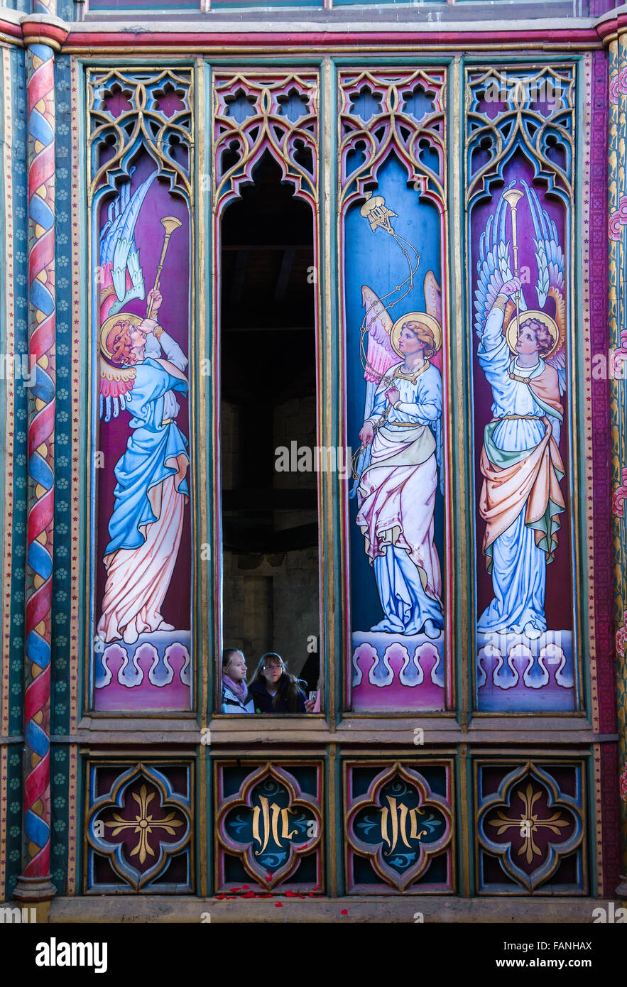 Victorian panels with painted angels on the Octagon tower at Ely cathedral, England. Stock Photo