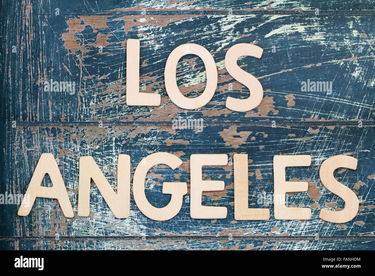 Los Angeles written with wooden letters on rustic surface Stock