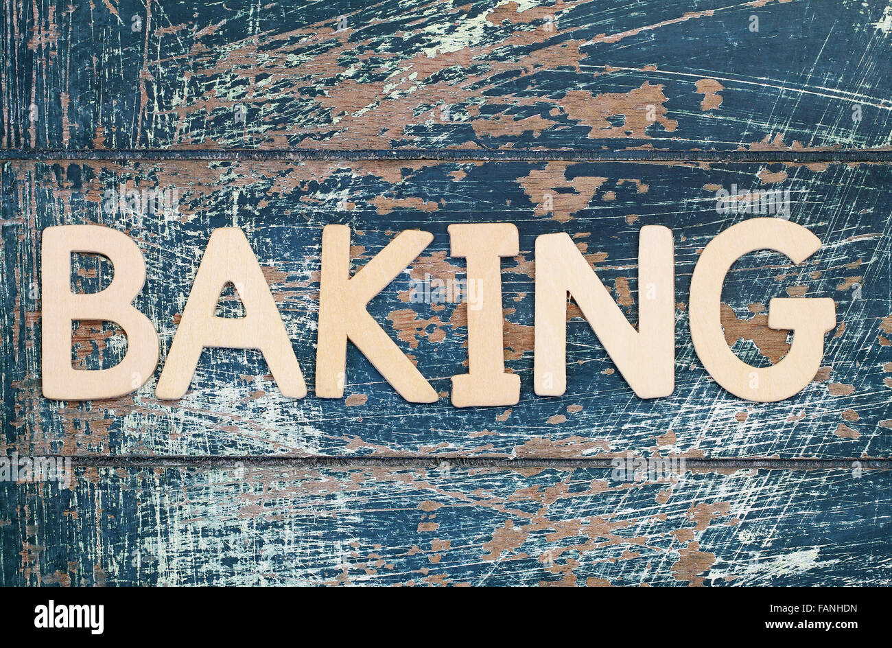 Word baking written with wooden letters on rustic surface Stock Photo