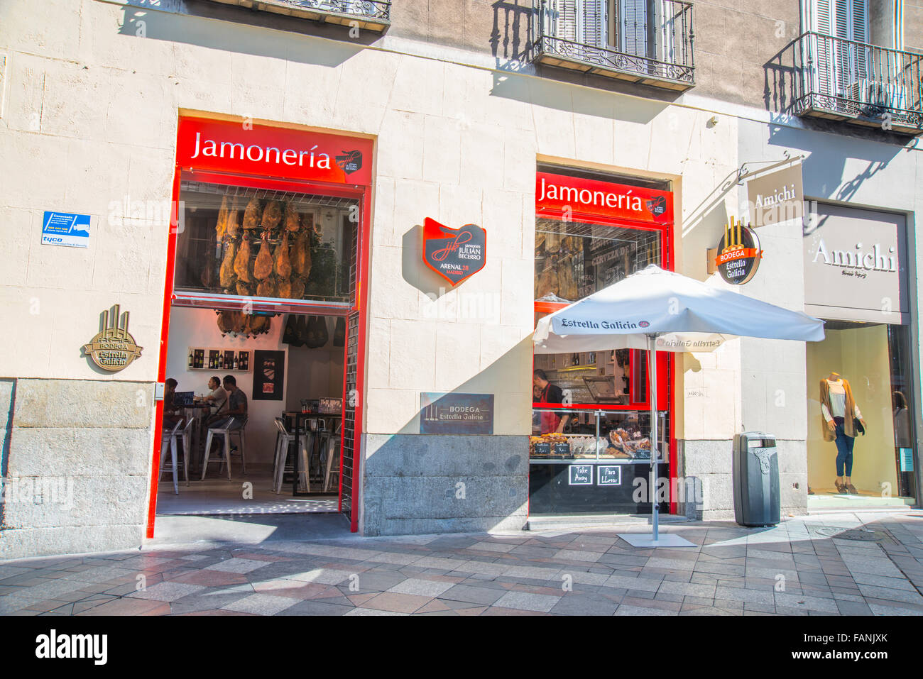 Facade of typical Iberian ham tavern. Arenal street, Madrid, Spain. Stock Photo