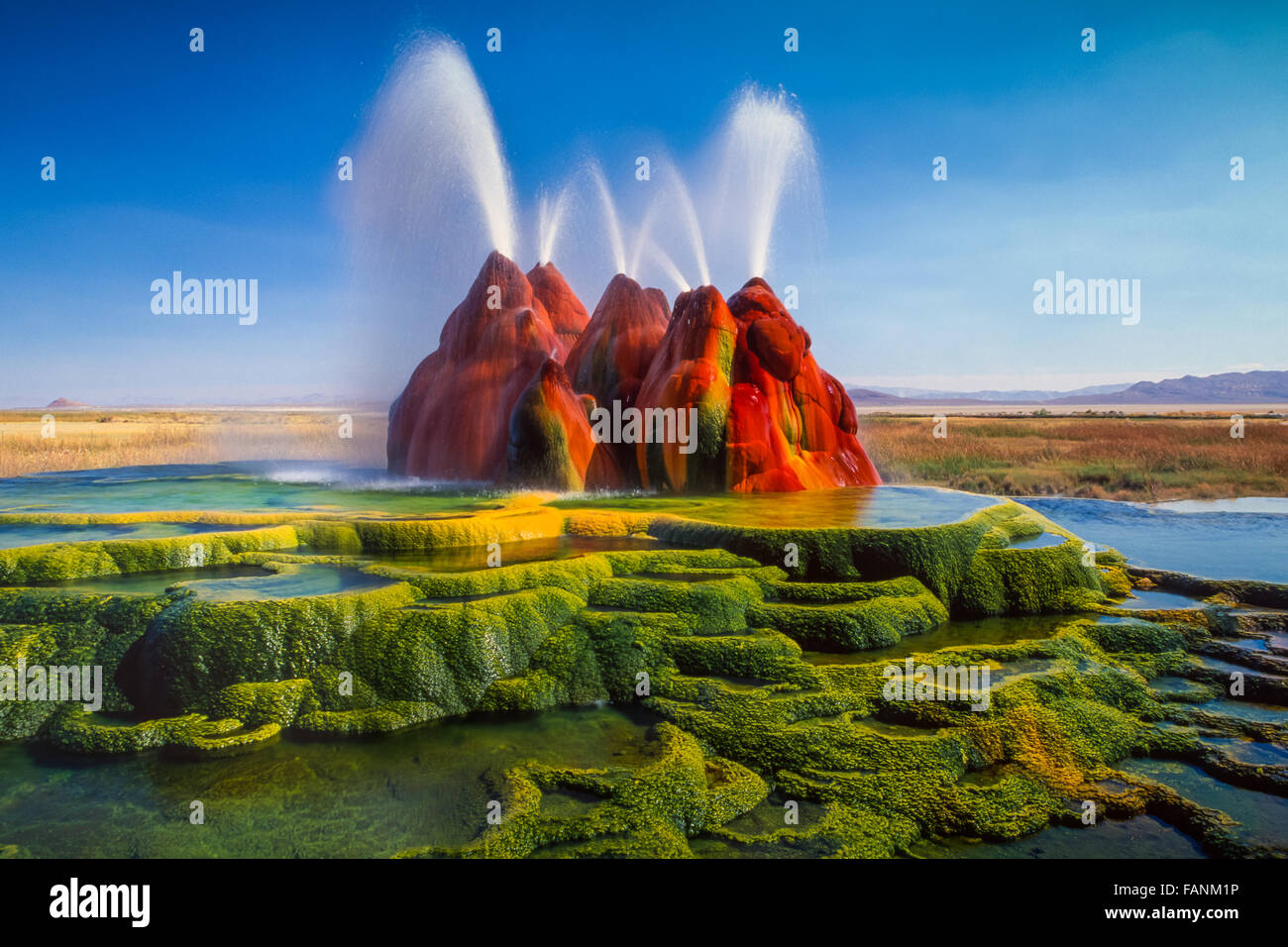 The continuous Fly Geyser in the Black Rock Desert of Nevada, USA Stock Photo