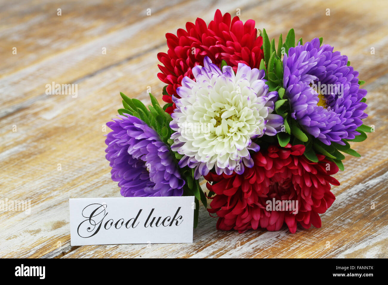 Good luck card with colorful aster flowers bouquet on rustic wooden