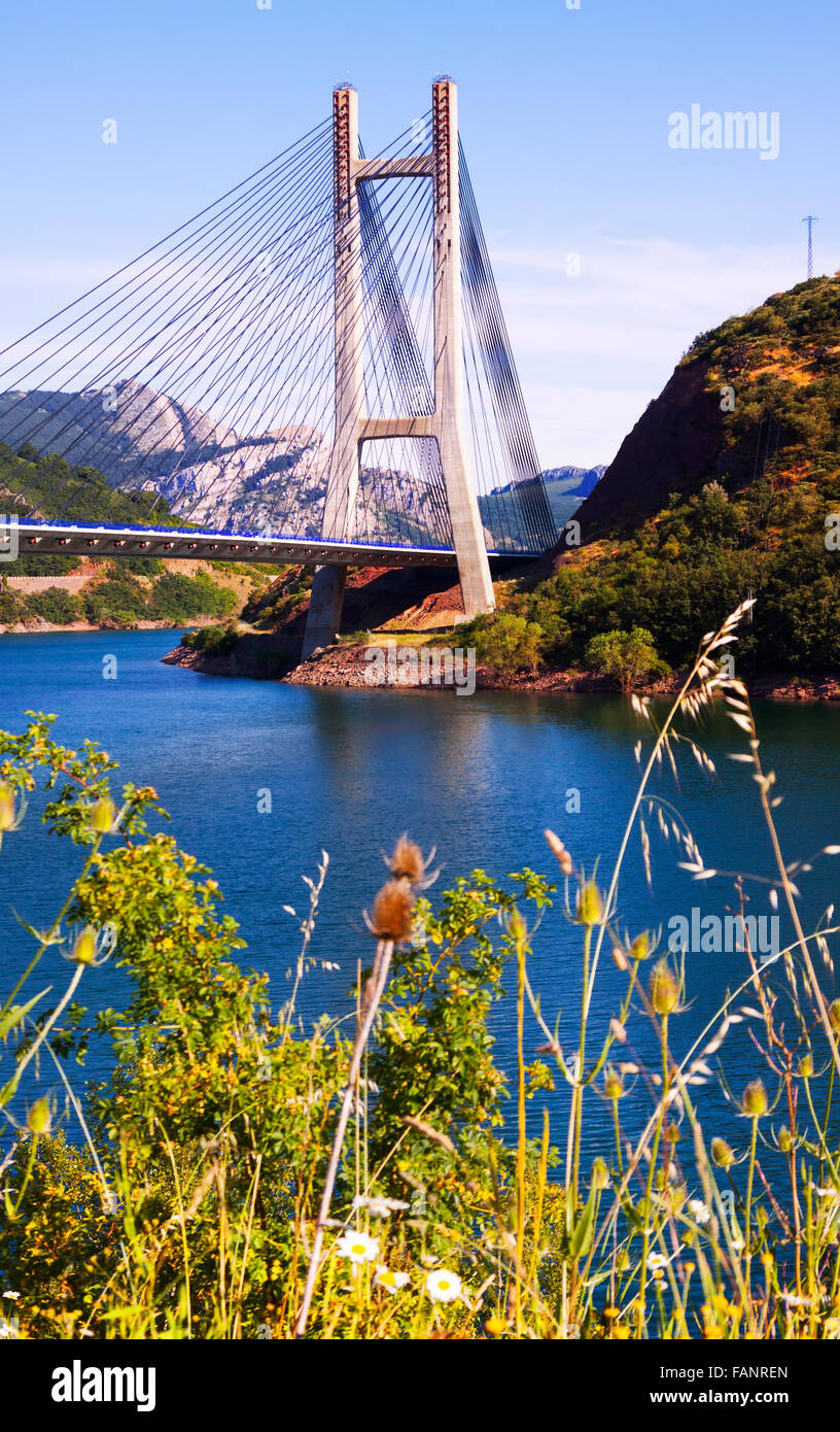 Cable-stayed bridge over reservoir of Barrios de Luna.  Leon Stock Photo