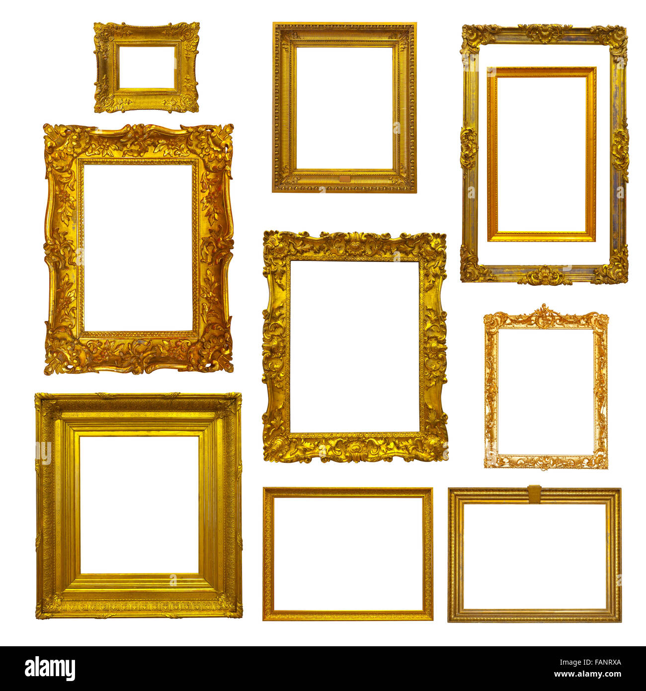 Set of gold picture  frames on white Stock Photo