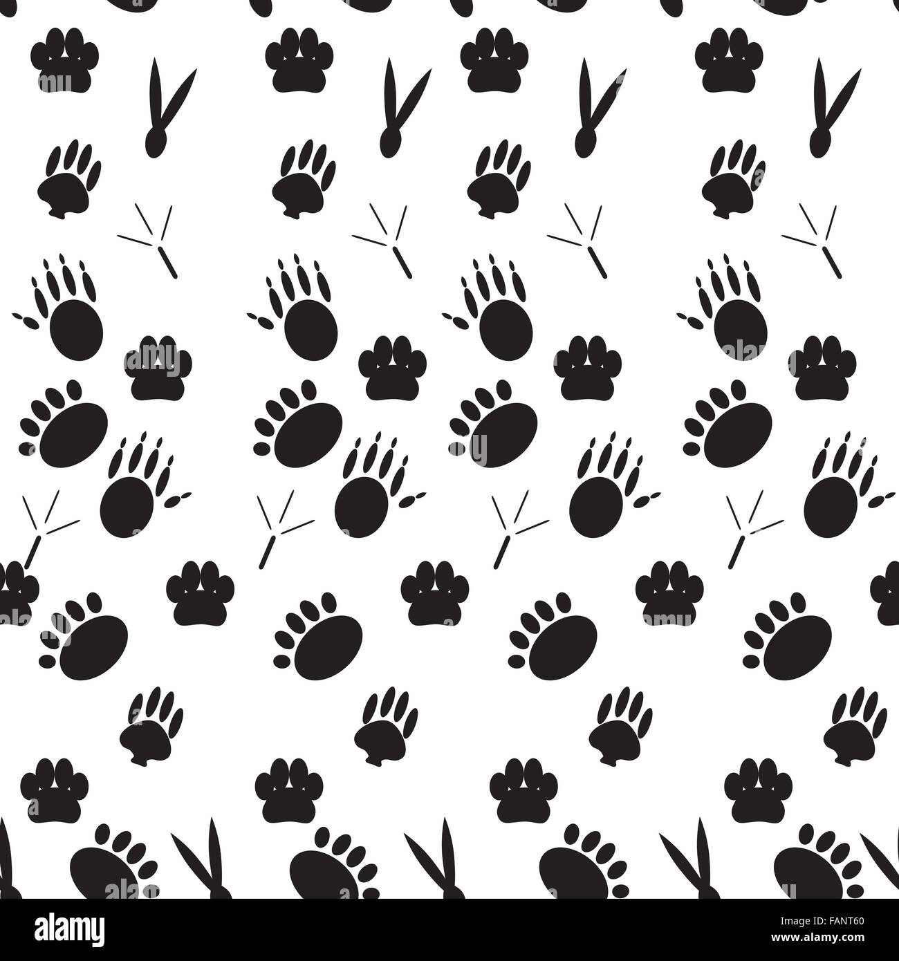 Monochrome pattern footprints various mammals. Seamless background, animal foot, endless repetition trace paw. Vector art abstra Stock Photo