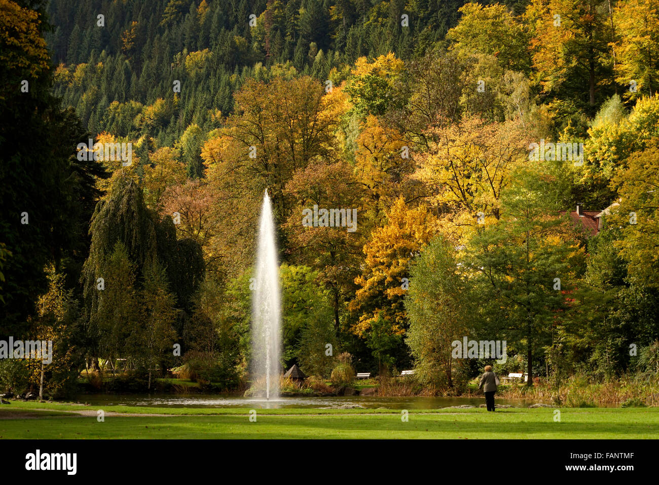 Bad Liebenzell spa gardens and fountain, northern Black Forest, Baden-Württemberg, Germany Stock Photo