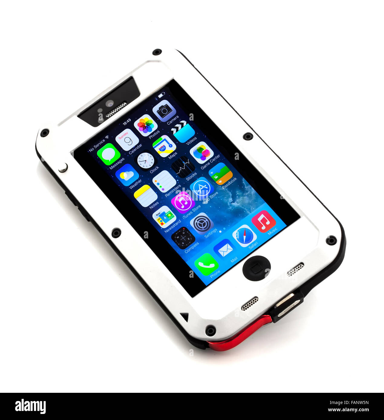 New Apple iPhone 5S in a rugged case on a White Background. Stock Photo
