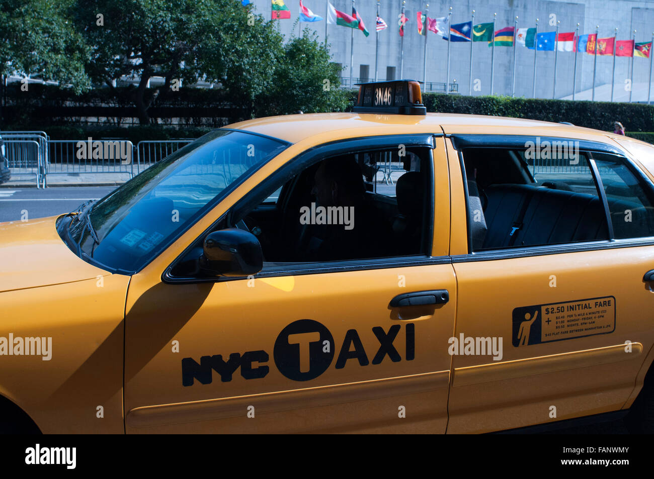 Taxi in front of Headquarters of United Nations. Secretariat building. New York city. United States. Stock Photo