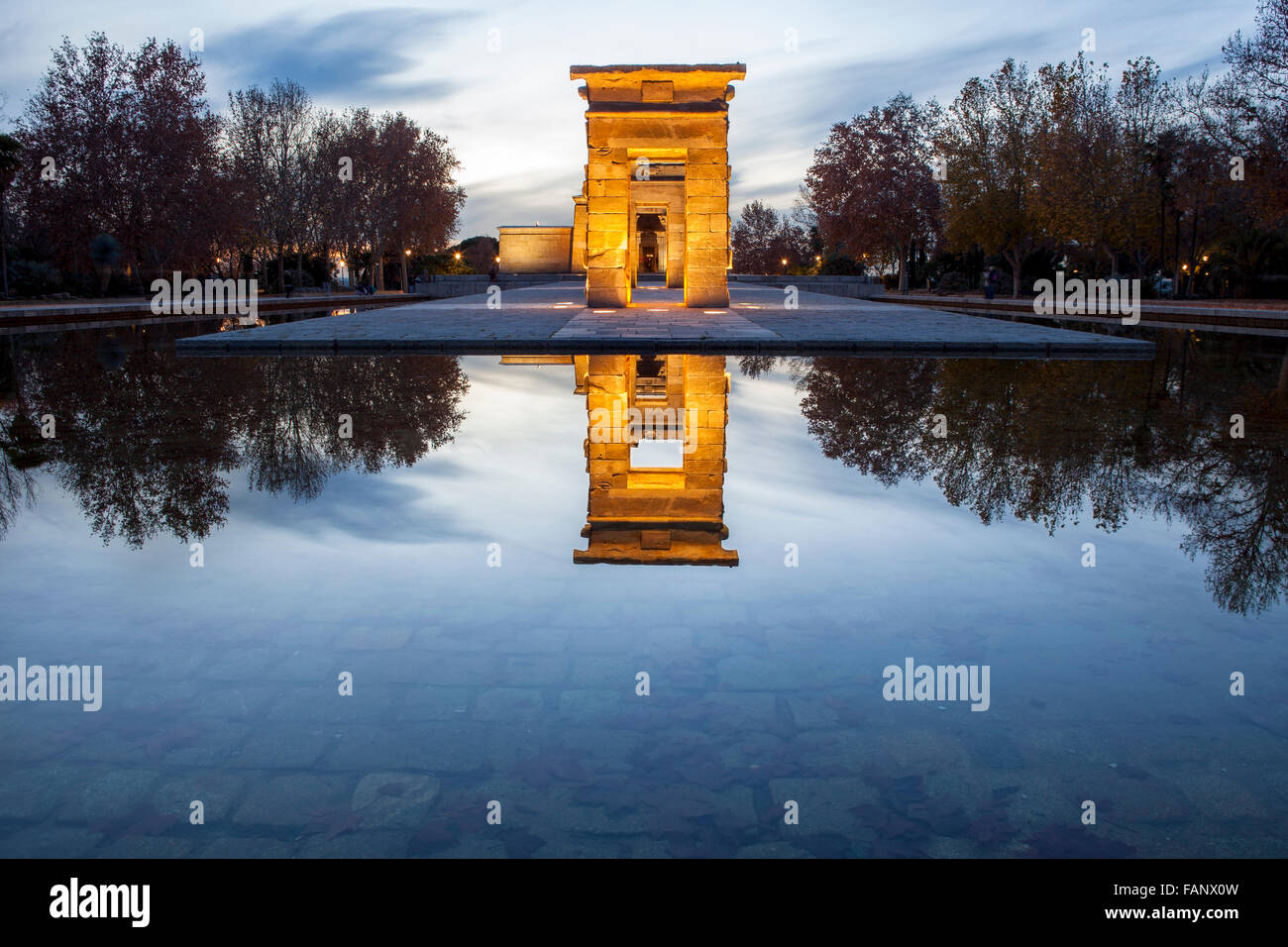 Temple of Debod at dusk. Ancient Egyptian temple which was dismantled and rebuilt in Madrid, Spain Stock Photo