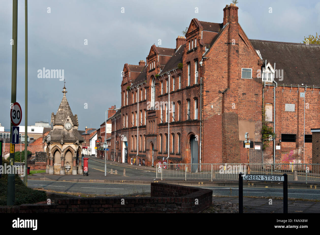 Worcester Street, Kidderminster, UK with Brinton's Clock Tower and