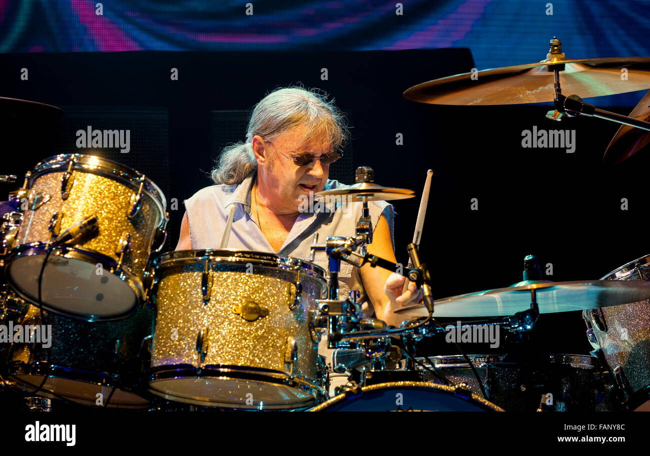 Drummer Ian Paice of Deep Purple rock band during the concert in Munich