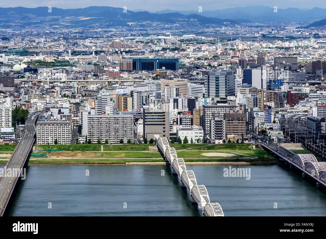 View of offices and residential buildings from Kita-ku, Osaka, Japan Stock Photo