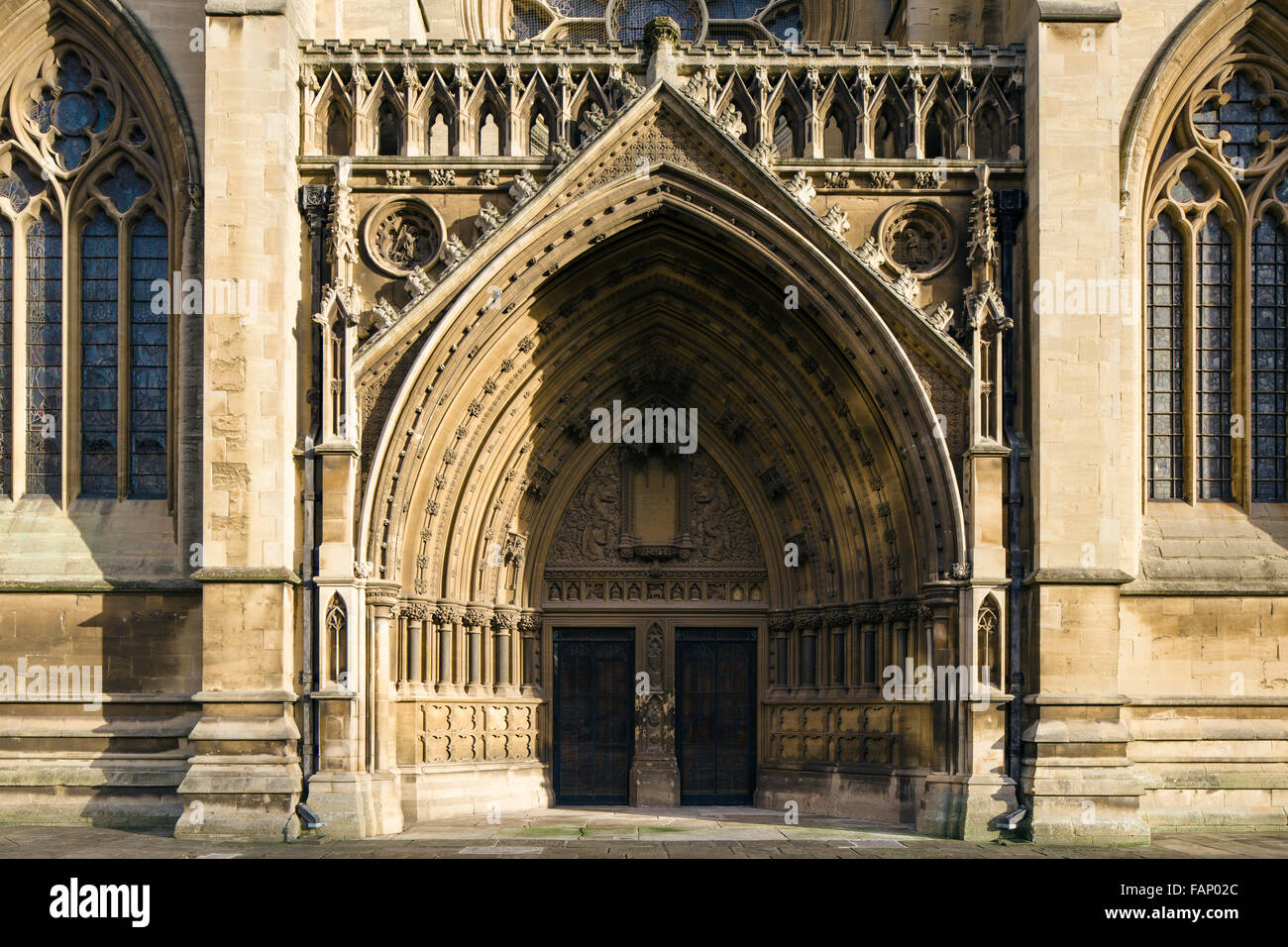 West front Gothic revival portal of Bristol Cathedral, UK, designed by Victorian architect George Street. Stock Photo