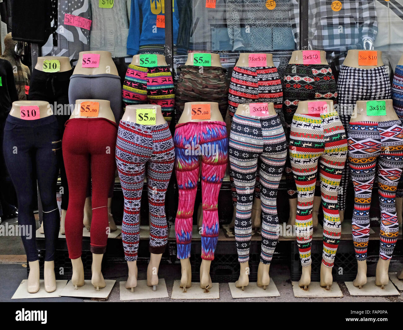 Tights for sale at a discount store on Broadway in lower Manhattan, New York City. Stock Photo