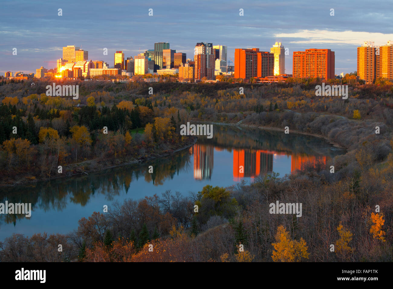 View of the Edmonton Skyline and the North Saskatchewan River at Sunrise in Fall, Edmonton, Alberta, Canada Stock Photo