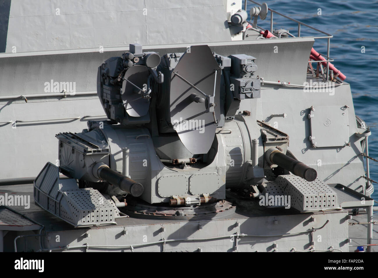 Advanced military technology. The Kashtan automated naval weapons system, with radar and 30mm cannon, on board the Russian Navy ship Yaroslav Mudry. Stock Photo