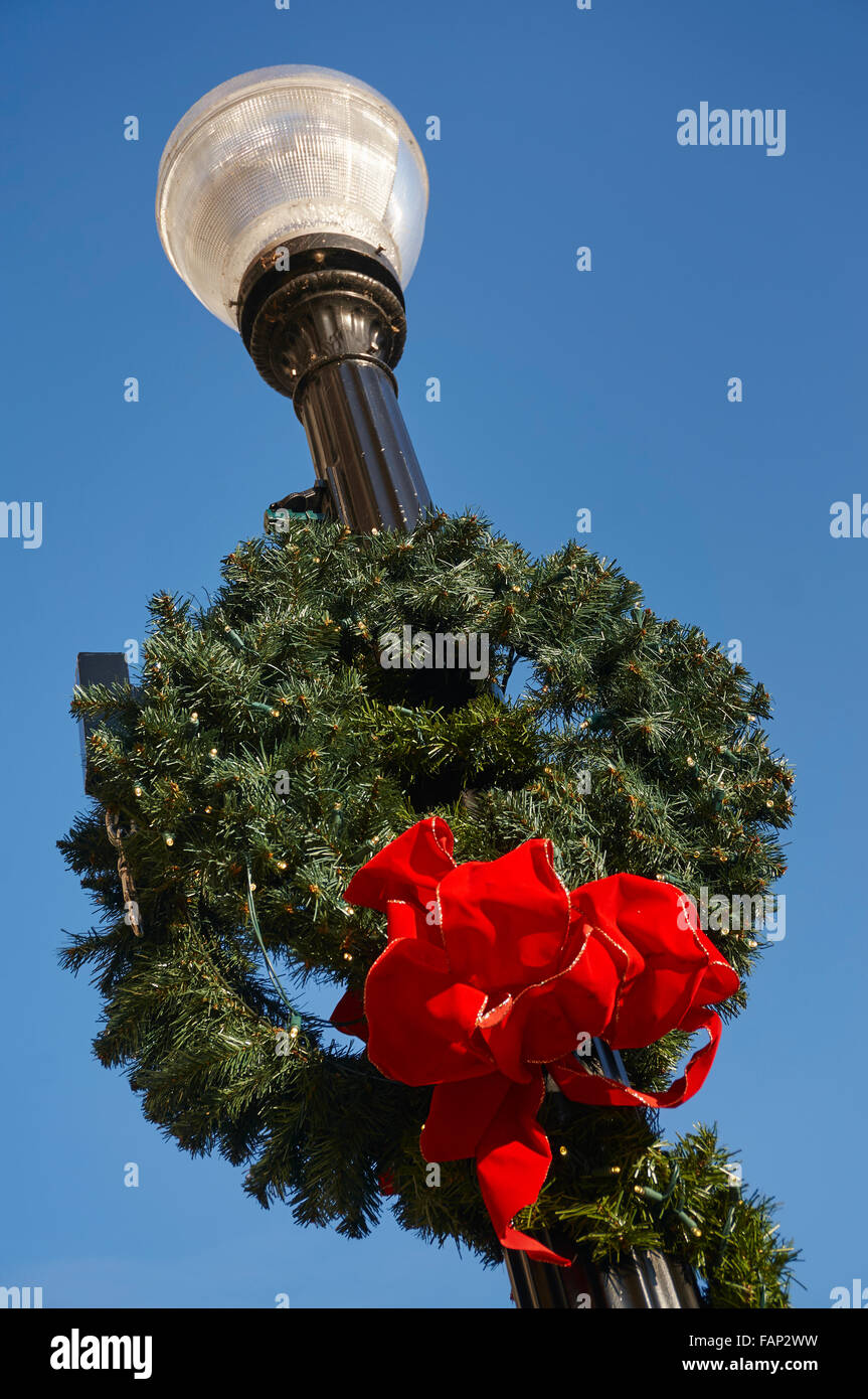 street light with holiday wreath, downtown Lancaster, Pennsylvania, USA