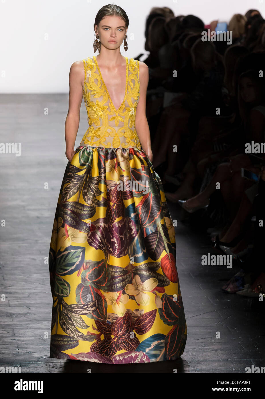 New York, NY - September 15, 2015: Grace Plowden walks the runway at the Dennis Basso fashion show during NYFW S/S 2016 Stock Photo