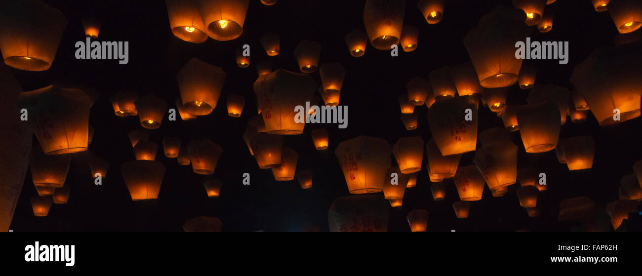 Night view of Sky Lanterns in the air during Chinese Lantern Festival