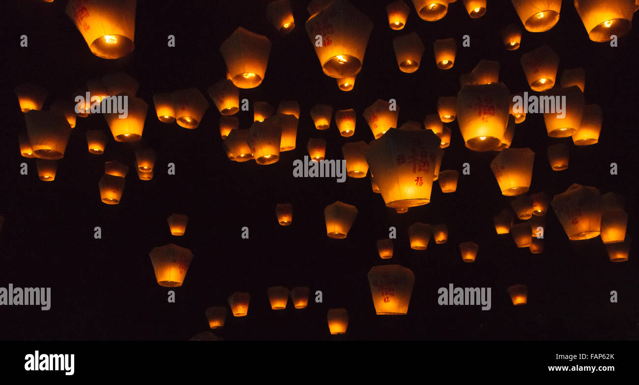 Night view of Sky Lanterns in the air during Chinese Lantern Festival, Shifen, Taiwan Stock