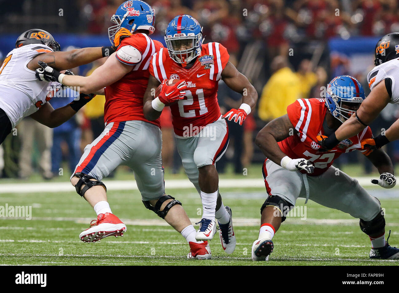 January 01, 2016 - Ole Miss Rebels linebacker Terry Caldwell (21) runs through the offensive line hole during the game between the Ole Miss Rebels and the Oklahoma State Cowboys at the Mercedes-Benz Superdome in New Orleans, LA. Stephen Lew/CSM Stock Photo