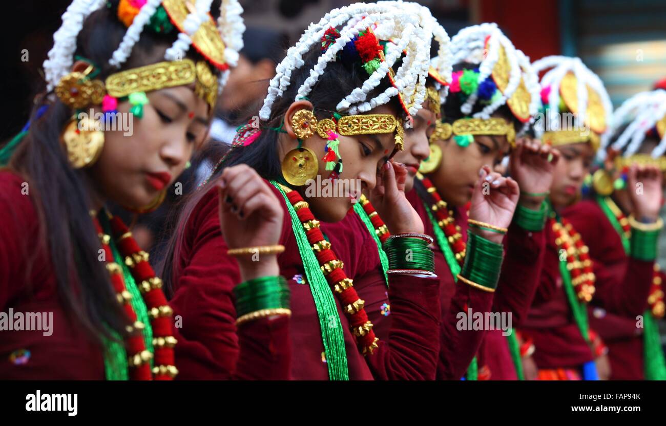 Beijing, Nepal. 30th Dec, 2015. Women from ethnic Gurung community dance as they celebrate the Tamu Losar (New Year) festival in Kathmandu, Nepal, Dec. 30, 2015. © Sunil Sharma/Xinhua/Alamy Live News Stock Photo