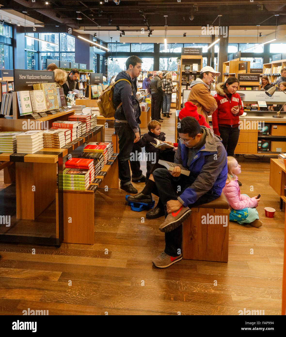 customers at Amazon Books bricks and mortar store, University Village