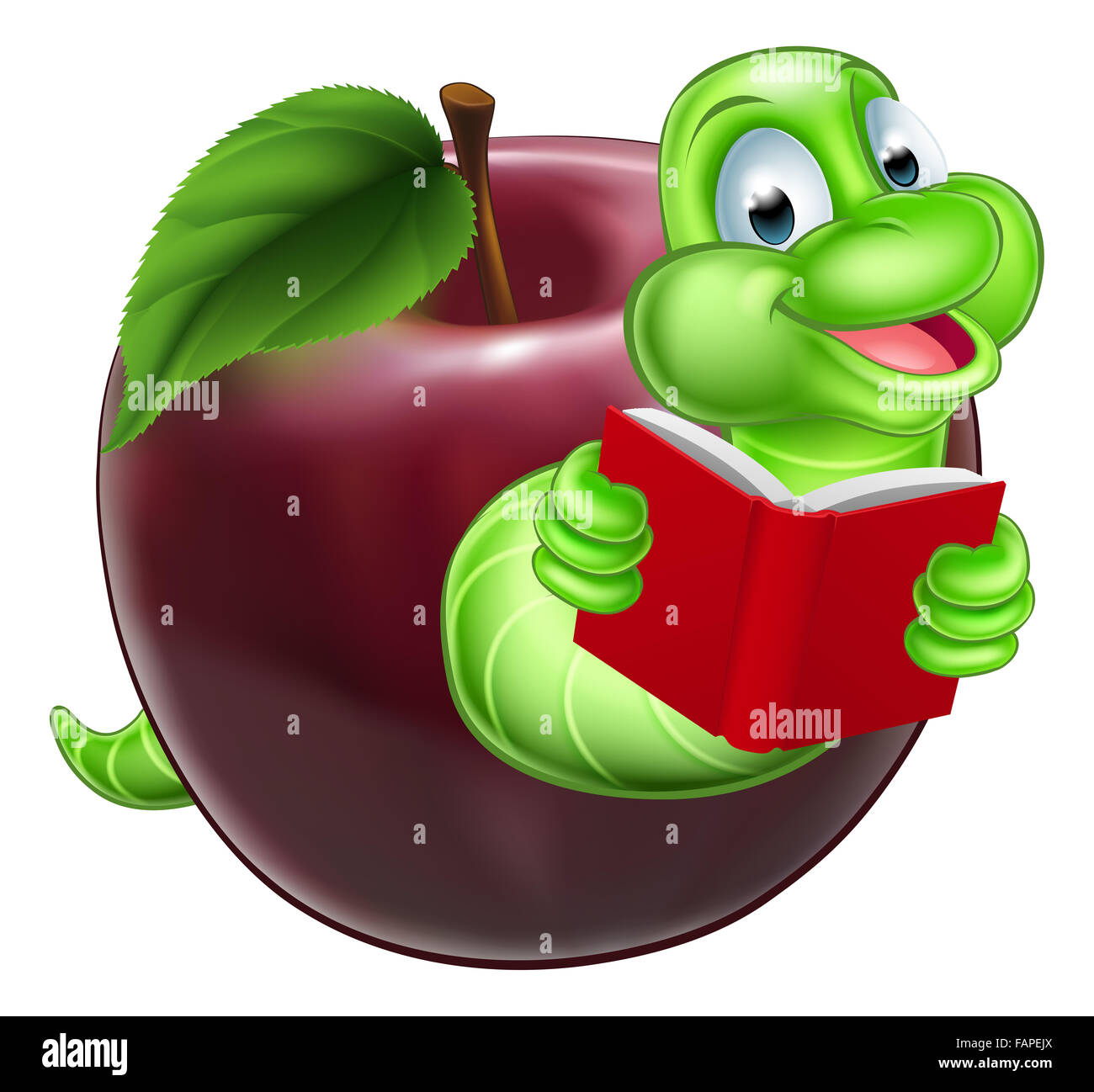 A happy smiling cute green cartoon caterpillar bookworm coming out of an apple and reading a book Stock Photo