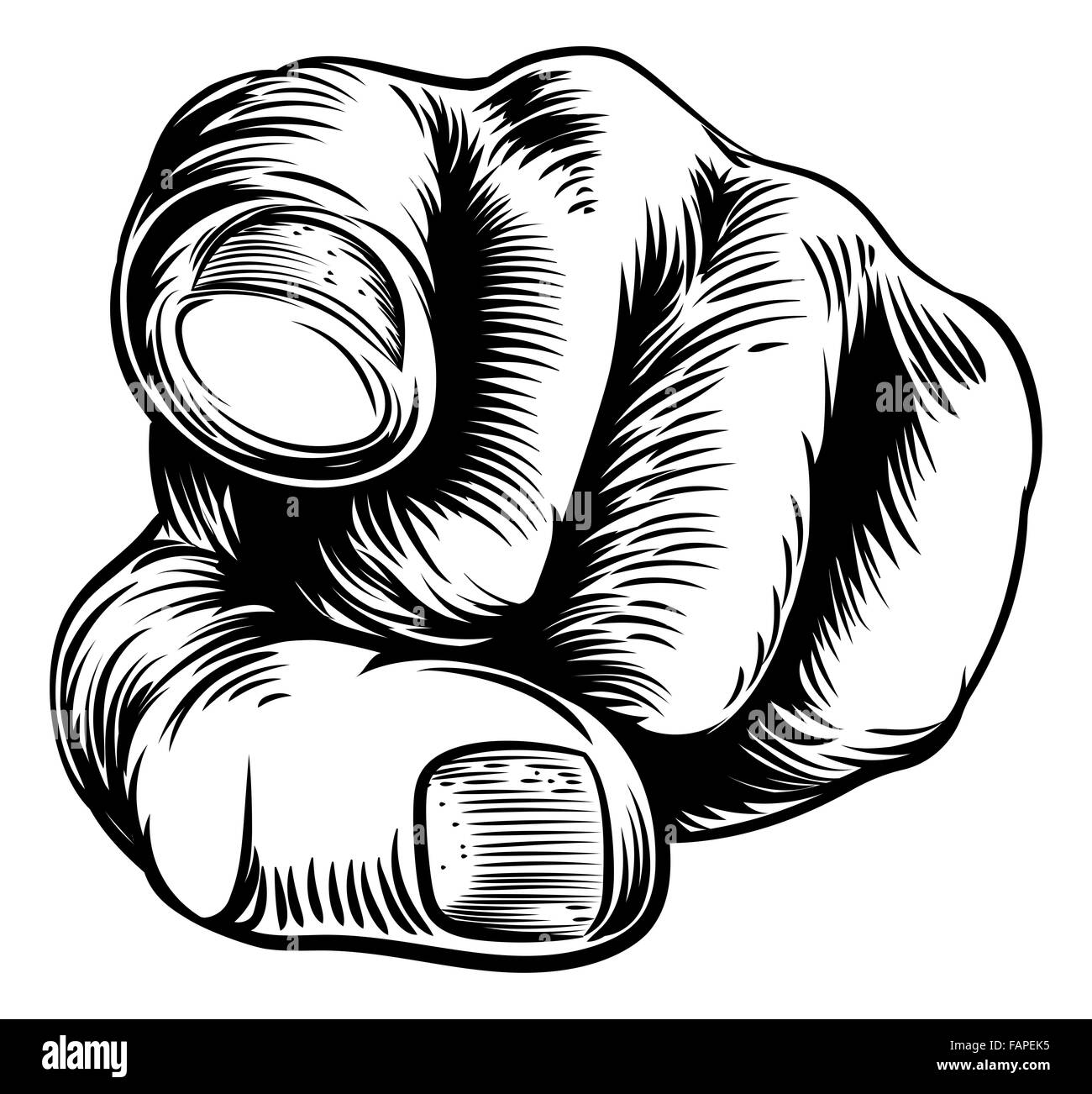 Woodcut vintage style hand pointing a finger at you in a wants you or needs you gesture Stock Photo