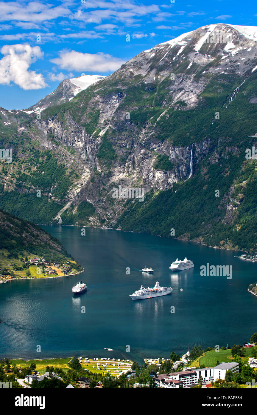 Three cruise ships in the Geirangerfjord, Geiranger, Norway Stock Photo