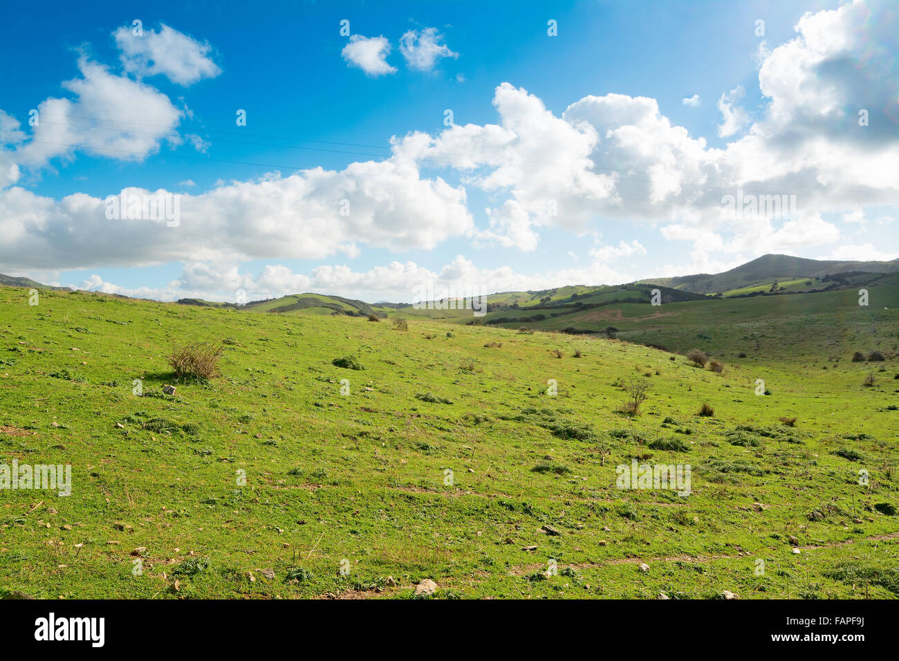 green field under a blue cloudy sky Stock Photo - Alamy