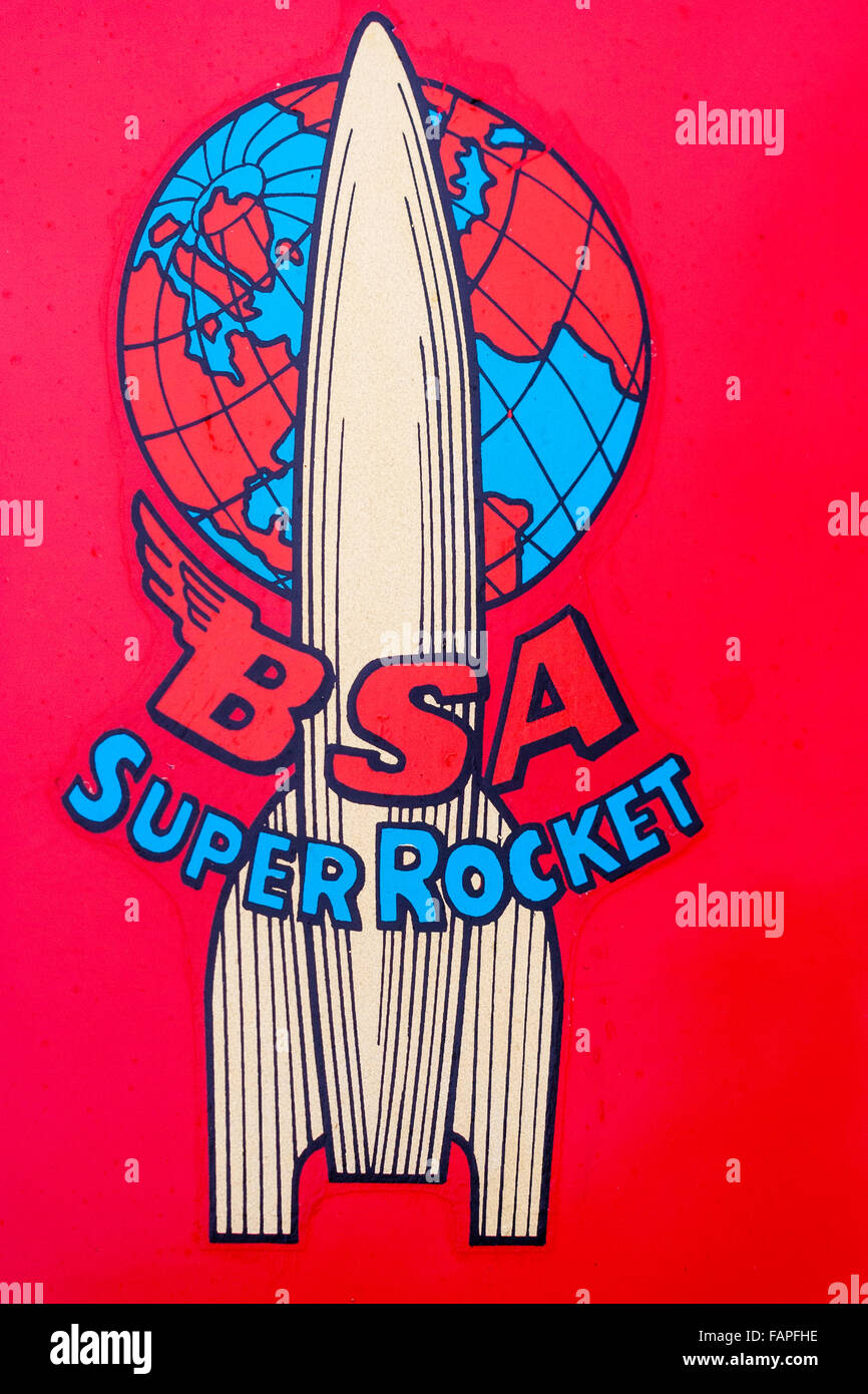 Close up of BSA silver coloured 'Super rocket' logo, cartoon rocket against a red and blue globe on red background Stock Photo - Alamy Close up of BSA silver coloured 'Super rocket' logo, cartoon rocket against a red and blue globe on red background Stock Photo - Alamy