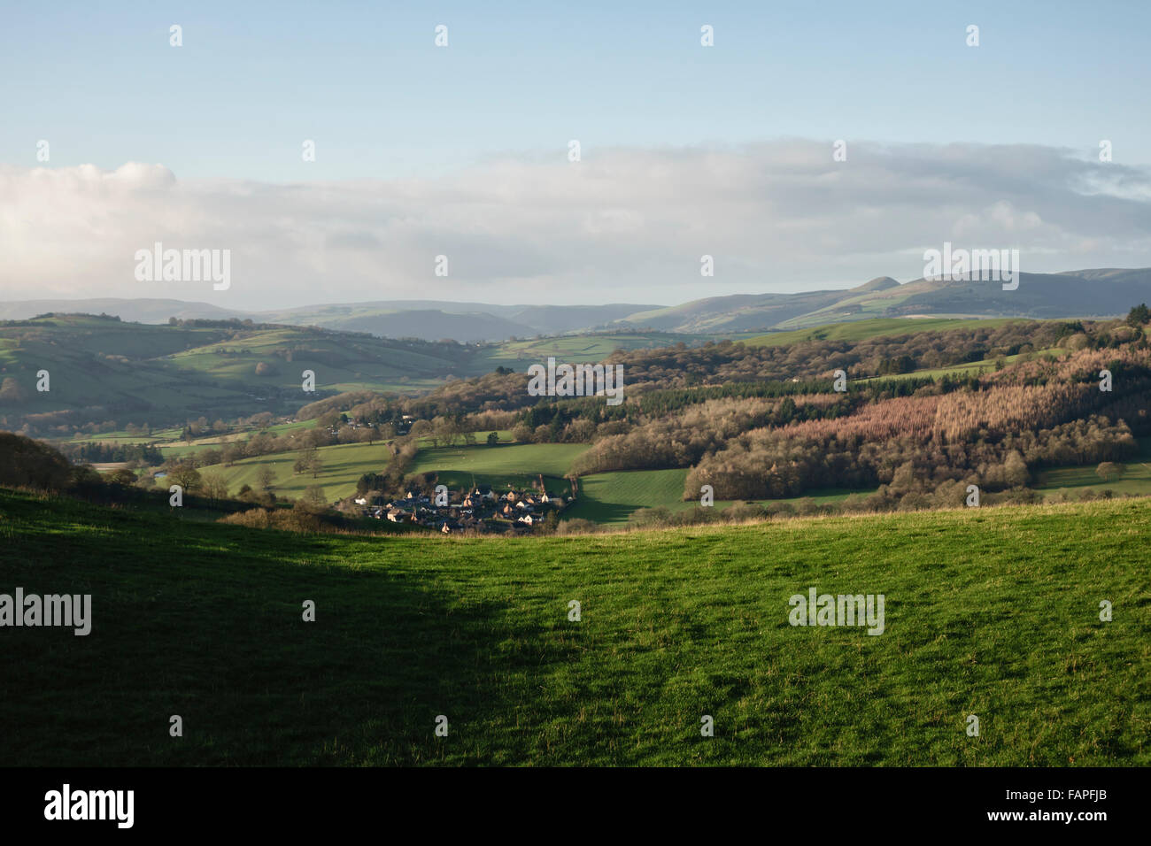 Stonewall Hill near Knighton, Powys, mid Wales, UK. The new housing