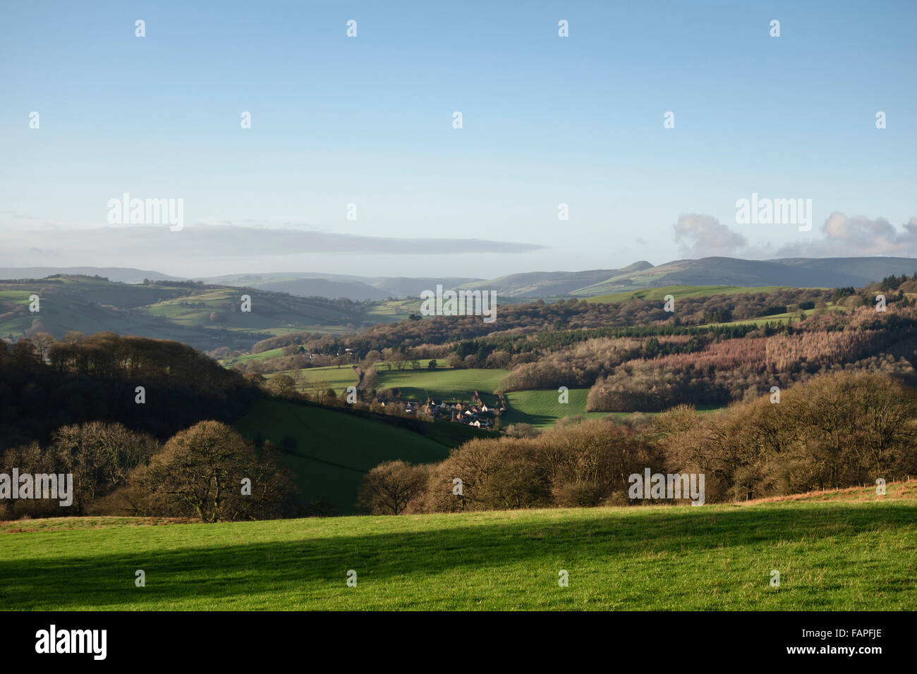 Stonewall Hill near Knighton, Powys, mid Wales, UK. The new housing