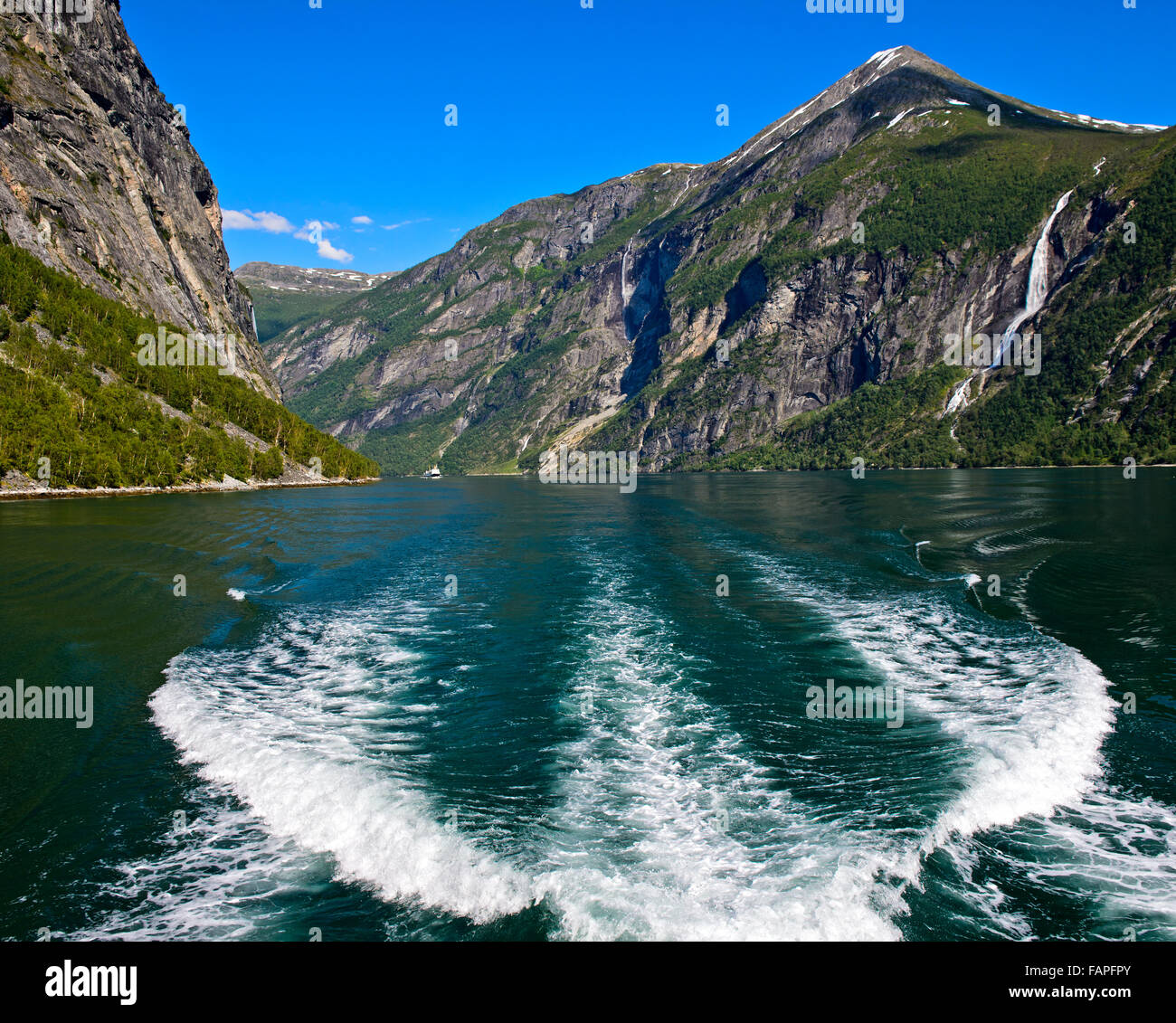 Fjord landscape in the UNESCO World Heritage Site Geiranger Fjord near Geiranger, Norway Stock Photo