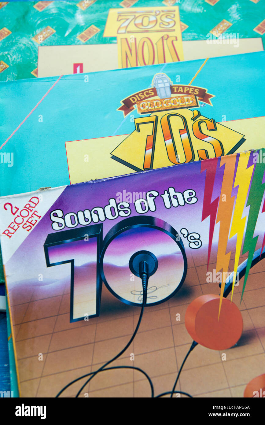 Close up of the covers of 1970s compilation albums on vinyl Stock Photo