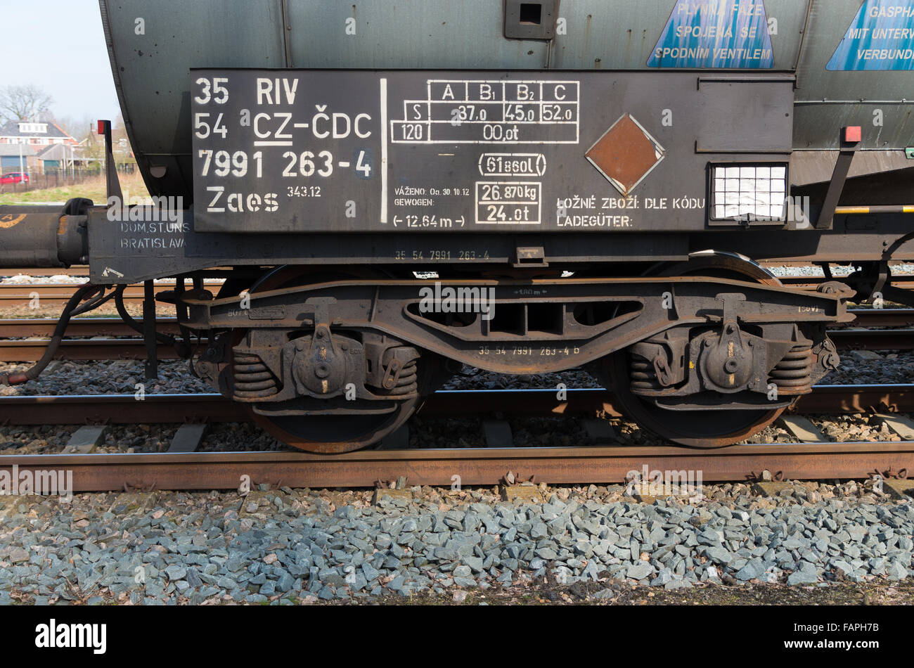 OLDENZAAL, NETHERLANDS - MARCH 23, 2015: Closeup of the wheels of a cargo train waggon waiting on the Oldenzaal train station Stock Photo