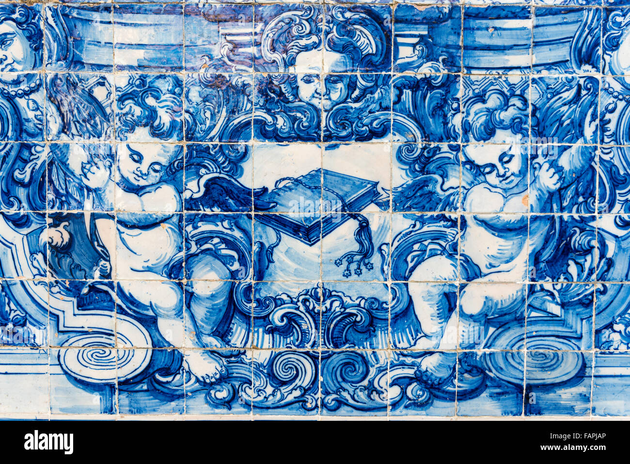 Decoration made with azulejol (traditional white and blue tiles) on the facade of the Capela das Almas, Porto Stock Photo