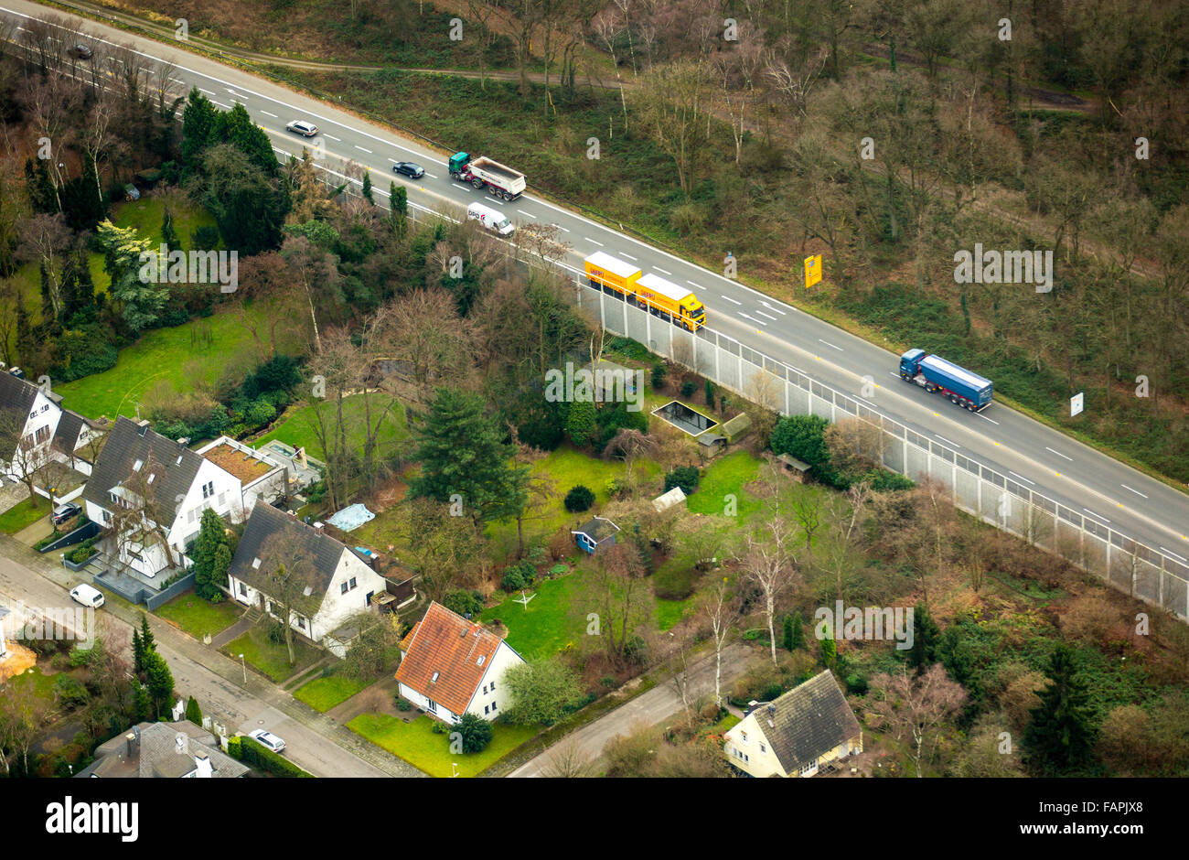 Aerial view, A 524 towards Krefeld noise barriers B288, noise, sound emissions, noise, truck traffic, Duisburg, Ruhr region, Stock Photo