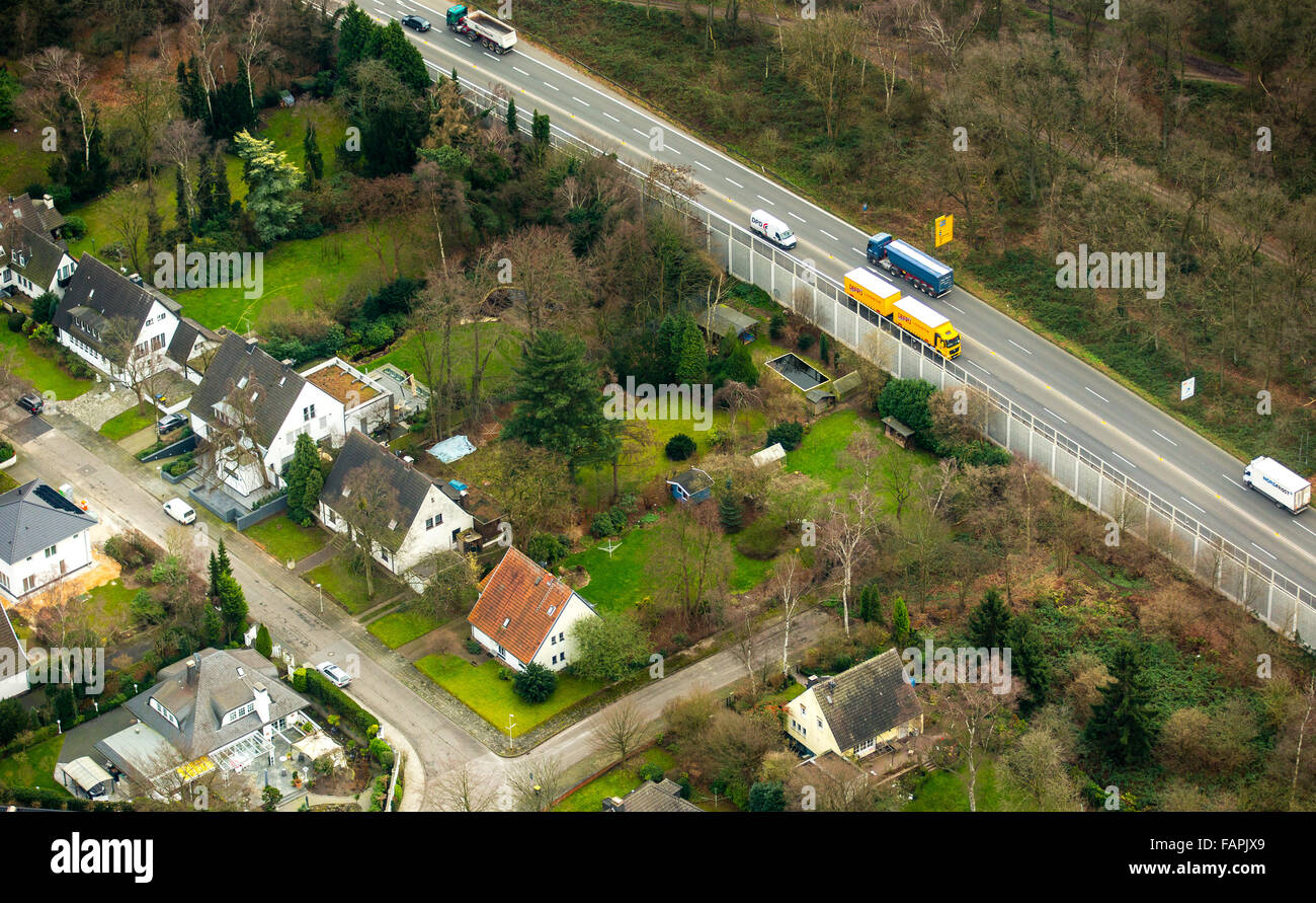 Aerial view, A 524 towards Krefeld noise barriers B288, noise, sound emissions, noise, truck traffic, Duisburg, Ruhr region, Stock Photo