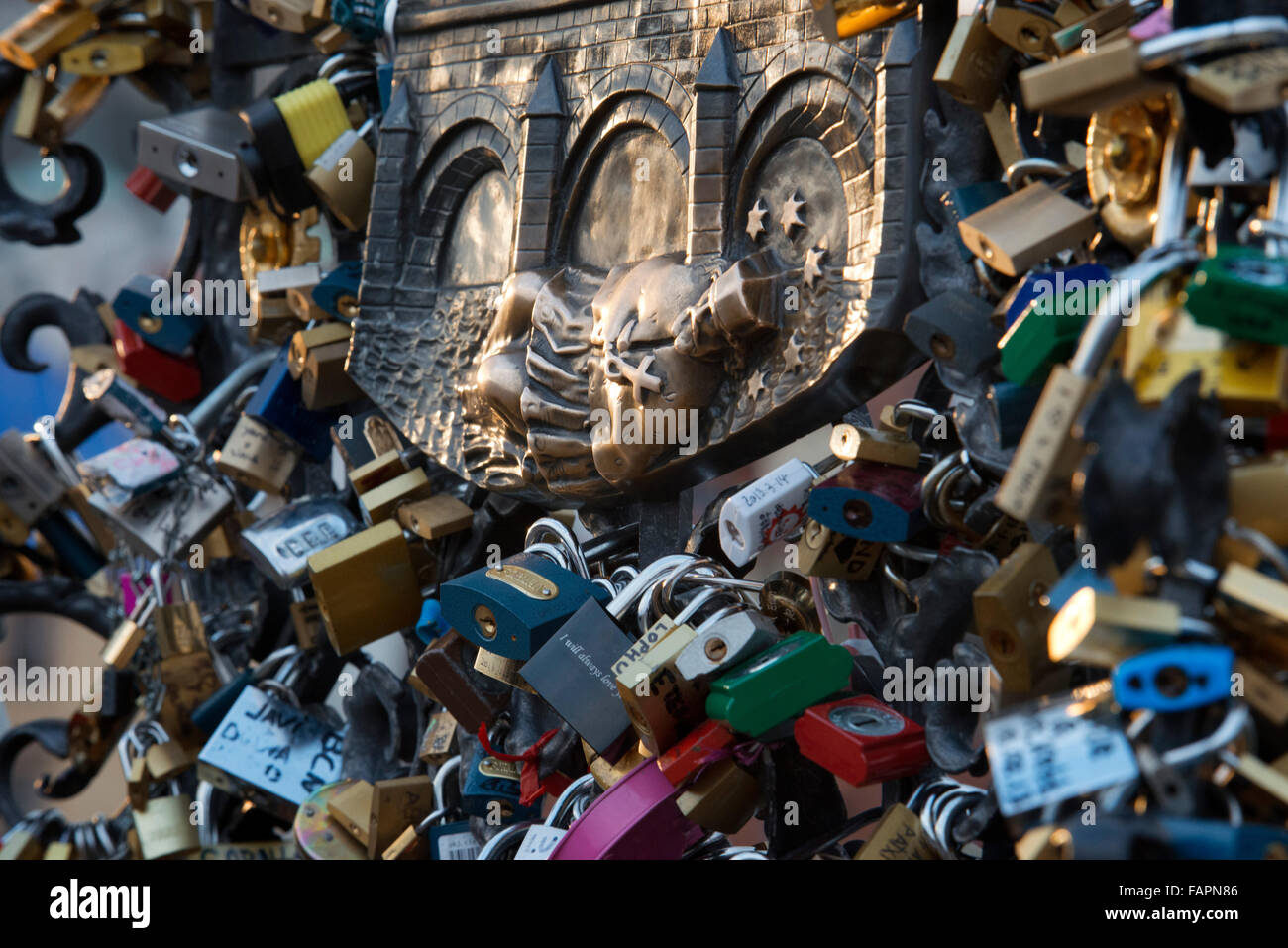 Padlocks on the Charles Bridge . The idea , inspired by the protagonists of the novel I have wanted you , by Federico Moccia , i Stock Photo